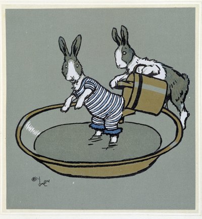 Lapins prenant un bain - dans « Merry Party », ill. par Cécil Aldin, éd. Hodder & Stoughton, Londres - Cecil Charles Windsor Aldin