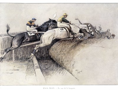 Le Grand National Steeple chase à Liverpool : le saut du banc - dessin de Cecil adlin - Cecil Charles Windsor Aldin