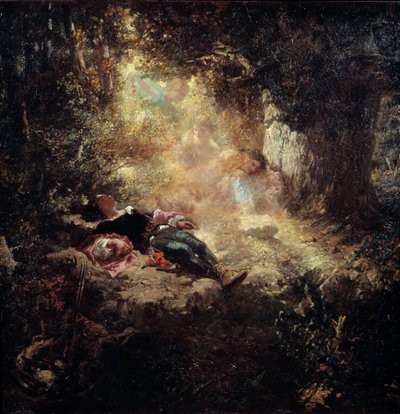 Un rayon de soleil. Jeunes gens endormis dans une clairière. Peinture par Célestin Nanteuil (1813-1873) - Celestin Francois Nanteuil