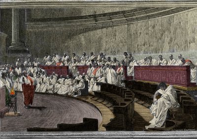 Cicéron dénonce le conspirateur Catilina (Lucius Sergius Catilina) (108-62 av. J.-C.) le 8 novembre 63 av. J.-C. La scène se déroule à Rome au Sénat, gravée d
