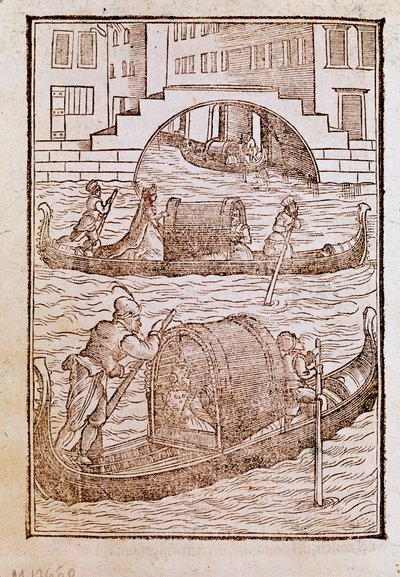 Gondoles dans la lagune de Venise au XVe siècle Gravure de « Degli abiti antichi e moderni » par Cesare Vecellio (1521-1601) - Cesare (after) Vecellio