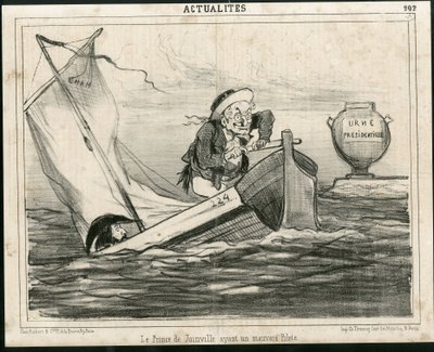 Illustration de Cham (1819-1879) dans Le Charivari, vers 1850 - Le Prince de Joinville ayant un mauvais pilote - Élections, Président de la République, Marine maritime nautique balnéaire - Thiers Adolphe, François d