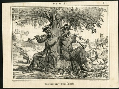 Illustration de Cham dans Le Charivari - Dernières nouvelles de Crimée - Guerre, Musique, Crimée - Amédée de Noé