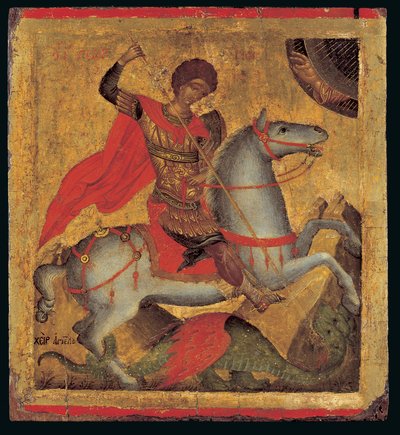 Icône de Saint Georges à cheval, terrassant le dragon - Chanter Angelos Akotandos