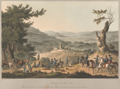 No.5. Sabugal sur la Rivière Coa, piquets français au premier plan, les Alliés se préparant à traverser la rivière - Charles (after) Turner