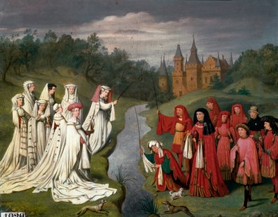 Neuf princes et huit princesses de la maison de Bourgogne de Philippe le Hardi à Charles le Téméraire, chassant un faucon ou pêchant à la ligne dans le parc d