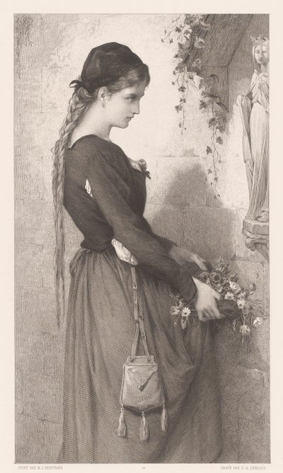Jeune femme apportant des fleurs à une niche avec une statue de Marie - Charles Alphonse Deblois