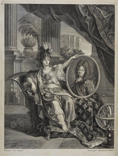 Louis XIV (1638-1715), Roi de France, Protecteur des Sciences - gravure par Antoine Coypel dans "Histoire de l