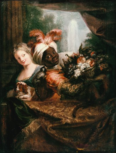Jeune homme noir tenant un panier de fruits et une jeune fille caressant un chien - Charles Antoine Coypel