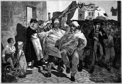 Service militaire : le tirage au sort en Bourgogne, conscrits près de Mâcon. Gravure de Montbart dans « Le Monde Illustre » n°1299 du 18 février 1882 - Charles Auguste Loye
