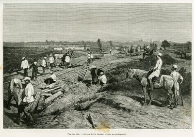 Pose des rails transcaspiennes. Gravure par Ch. Barbant pour illustrer l