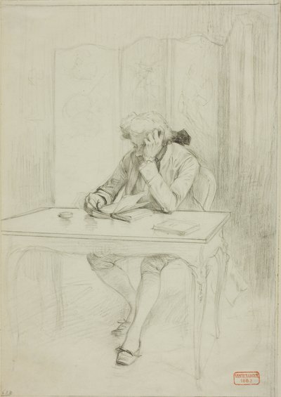 Homme en costume du XVIIIe siècle, assis à une table et lisant - Charles Bargue