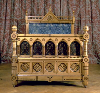 Lit incrusté de style néogothique avec tête de lit rembourrée, fabriqué par Marsh & Jones, vers 1866 (bois) - Charles Bevan