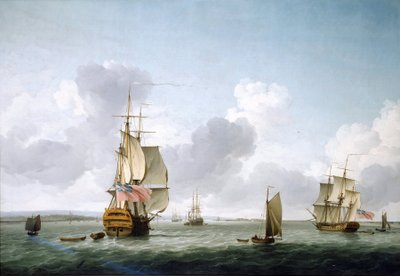 Un navire à deux ponts et une frégate remontant la Tamise (Angleterre), au large de Gravesend - Charles Brooking