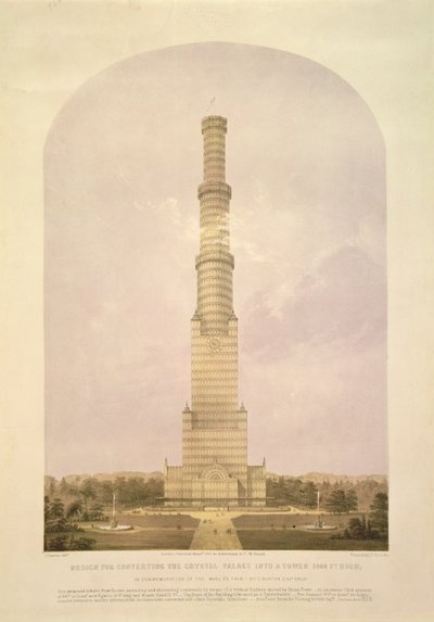 Conception pour convertir le Crystal Palace en une tour de 1000 pieds de haut, pub. par Ackermann und Co., 1852 - Charles Burton