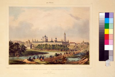 Vue du monastère Sarov. Le couvent de Seraphin de Sarov (1759-1833), saint orthodoxe. Gravure mise en couleur à l