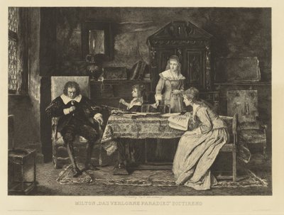 Milton assis dans un fauteuil dicte à une de ses filles son Paradis perdu - Charles Courtry
