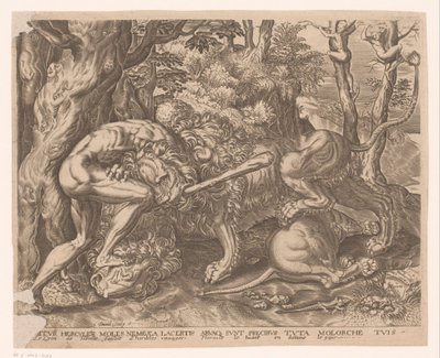 Hercules houdt de Nemeïsche leeuw in een wurggreep - Charles David