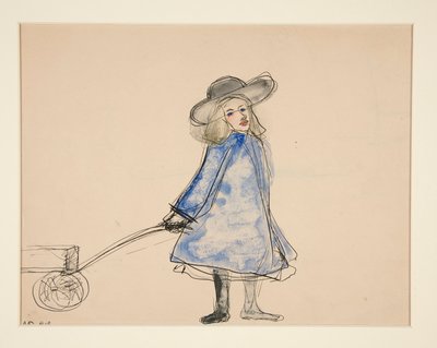 Fille tirant un chariot (Fille simple en robe bleue) (recto); Croquis d