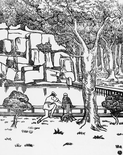 Personnes regardant la source, gravure sur bois par Charles Doudelet (1861-1938) pour Pelléas et Mélisande de Maurice Maeterlinck (1862-1949), publié par Claudio Argentieri, Spoleto, Italie - Charles Doudelet