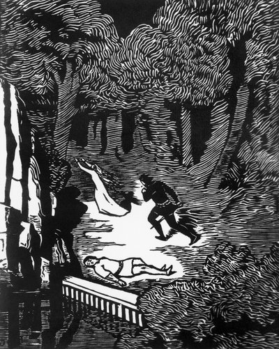 Gravure sur bois par Charles Doudelet (1861-1938) pour Pelléas et Mélisande de Maurice Maeterlinck (1862-1949), publié par Claudio Argentieri, Spoleto, Italie - Charles Doudelet