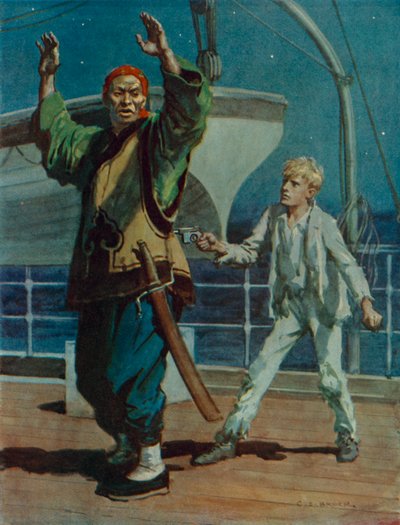 Garçon tenant un pirate chinois en joue, scène de Hai Ping le Pirate - Charles Edmund Brock