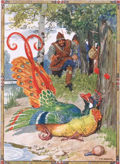 Quand il a essayé de voler, il a trouvé ses ailes trop lourdes, scène de Le Chevalier des Fleurs dans Contes pour enfants des légendes roumaines par Moses Gaster (1856-1939) 1921 - Charles Edmund Brock