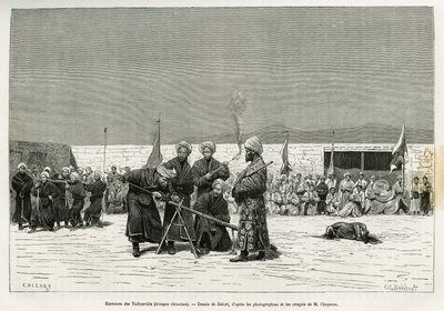 Exercices de manipulation des fusils Taifourchi, troupes armées et entraînées par les militaires chinois, dessin de Delort, pour illustrer les mémoires d