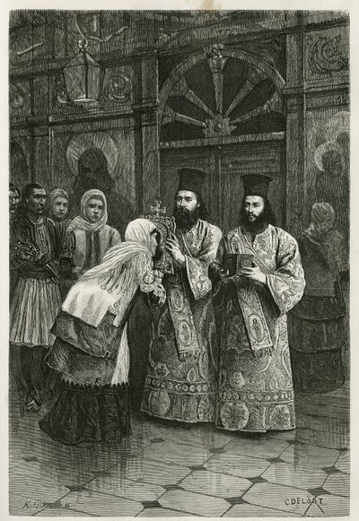 Prêtres donnant à baiser les images saintes, gravure par Ch. Delort, pour illustrer le voyage d
