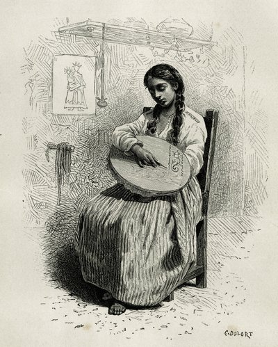 La brodeuse, à Salento, région du Quindio (Colombie), gravure par Ch. Delort, pour illustrer le récit de l