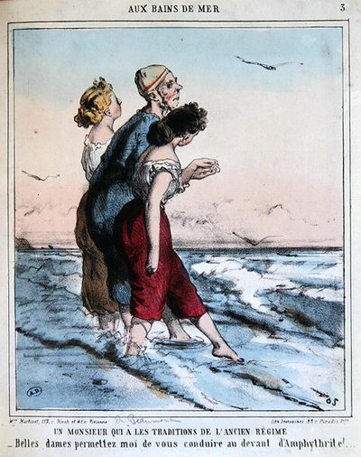 Homme traditionnel escortant deux jeunes femmes pour se baigner dans la mer, vers 1850-70 - Charles Edouard de Beaumont