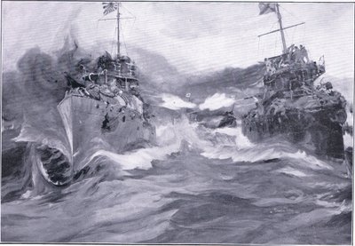 Un combat entre destroyers, illustration de Cassells History of the Russo-Japanese War Vol 1, vers 1900 - Charles Edward Dixon
