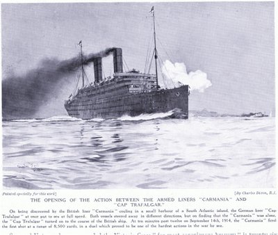 La première action entre les paquebots armés Carmania et Cap Trafalgar, Atlantique Sud, septembre 1915 - Charles Edward Dixon