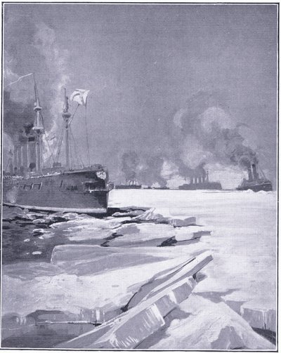 Escadron de Vladivostok se frayant un chemin à travers la glace hors du port de Vladivostok, illustration de l
