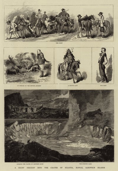 Descente nocturne dans le cratère de Kilauea, Hawaï, îles Sandwich - Charles Edwin Fripp