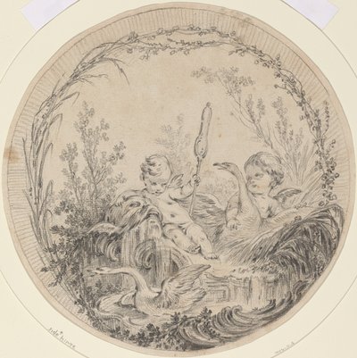 Deux putti jouant avec des cygnes - Charles Eisen