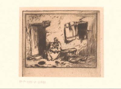 Femme avec enfant sur un banc contre une façade - Charles Emile Jacque (attributed to)