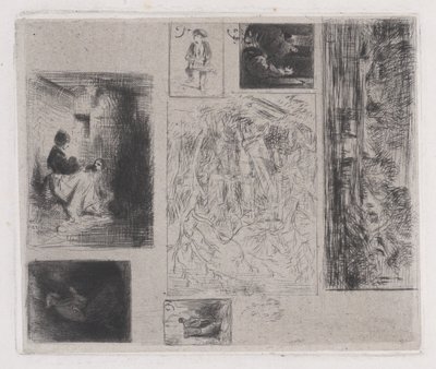 Planche composite : Femme et enfants a, Vieux musicien b, Marchand de friture c, Paysage ..., 1843 - Charles Emile Jacque