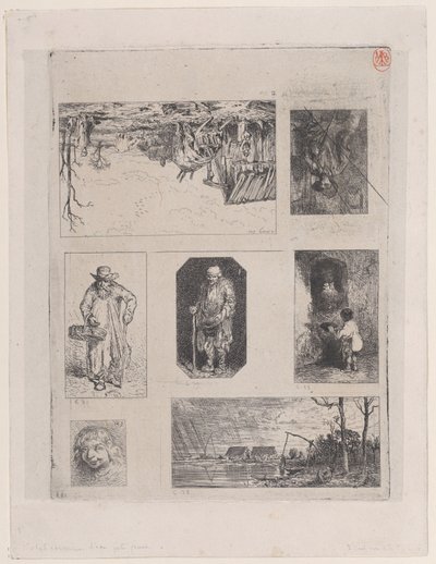 Paysage de ferme a, Paysan assis b, Mendiant c, Petit mendiant d, Petit mendiant e - Charles Emile Jacque