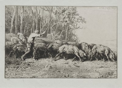 Troupeau de cochons quittant une forêt - Charles Emile Jacque