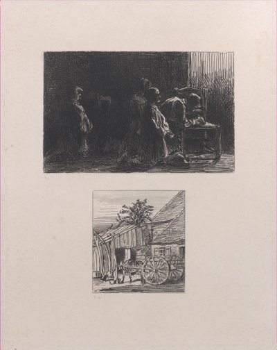 Prière en haut, Chariot devant une maison en bas, 1845 - Charles Emile Jacque