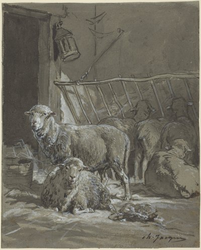 Moutons dans une mangeoire - Charles Emile Jacque