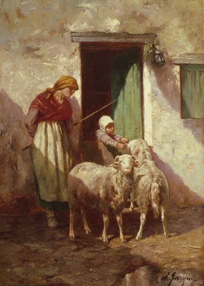 Bergère avec un enfant et deux moutons - Charles Emile Jacque