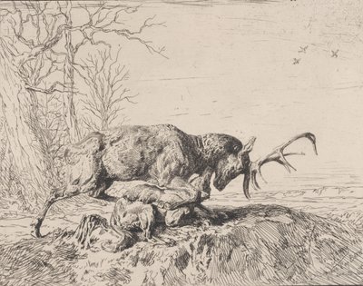 Cerf combattant un loup, d
