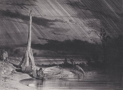 Le pêcheur, temps pluvieux - Charles Emile Jacque