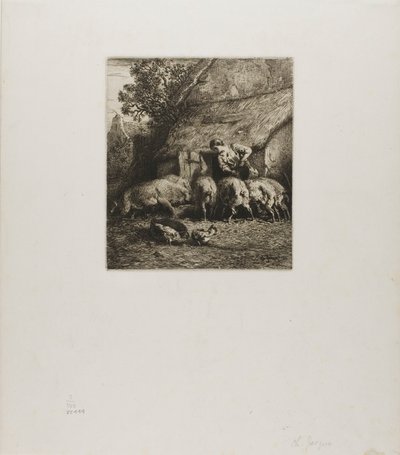 Femme nourrissant six cochons - Charles Emile Jacque
