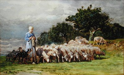 Une bergère avec un troupeau de moutons - Charles Emile Jacques