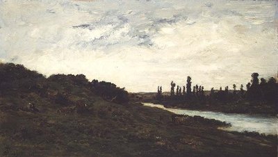 Bergers et bétail dans un paysage fluvial boisé - Charles Francois Daubigny