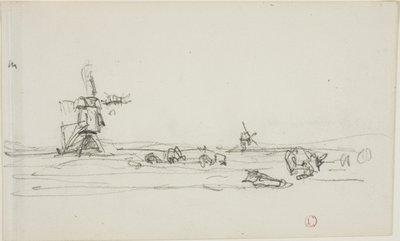 Paysage en Hollande (recto) ; Esquisse de moulins à vent au bord de l