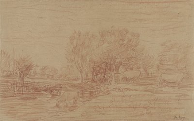 Paysage avec vaches paissant et buvant et un taureau observant - Charles Francois Daubigny